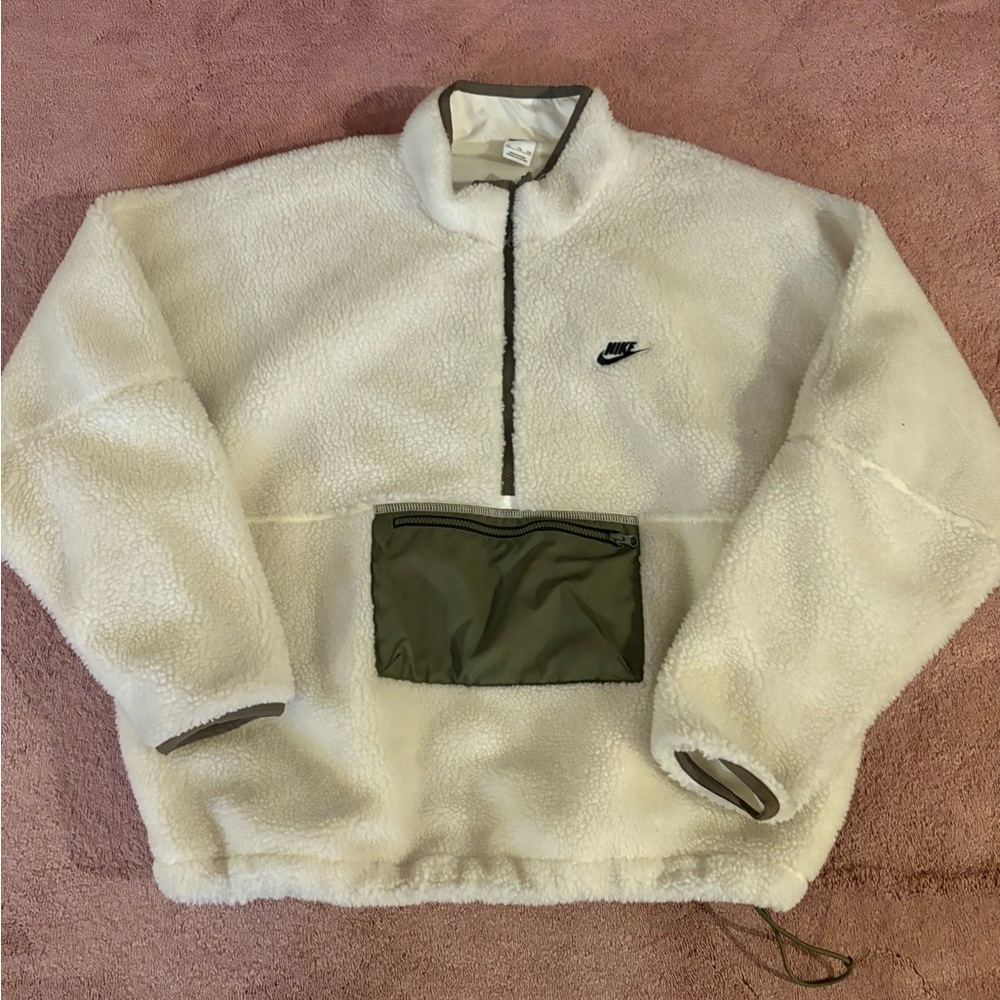 Nike Mens Sherpa Fleece Half Zip Pullover Jacket Off White Olive XXL BV3766-133